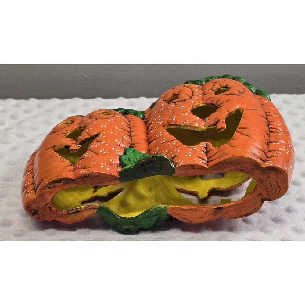 Vintage Ceramic Jack-O-Lantern Duo Halloween Pumpkin Decor 80s Hand Painted Prop